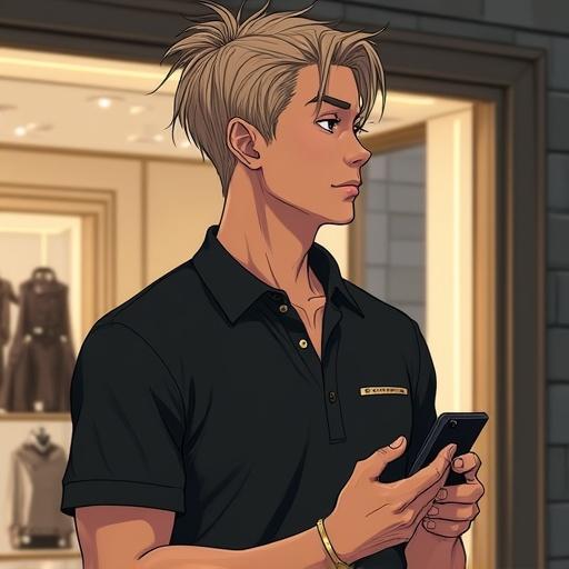 A handsome man stands inside a futuristic Balenciaga store. Short light brown spiky hair, wearing an expensive polo shirt. Demonstrates a calm demeanor while holding a smartphone. Dressed elegantly, reflecting a modern lifestyle.