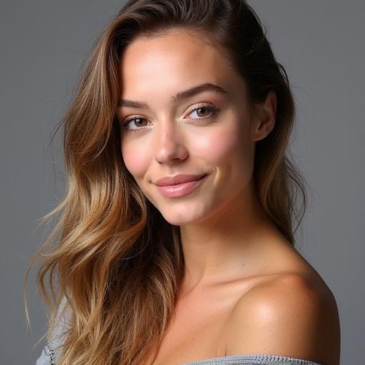 Portrait of a smiling woman with long hair. Natural beauty illuminated by soft light. Headshot style photography. Focus on facial features and expression.