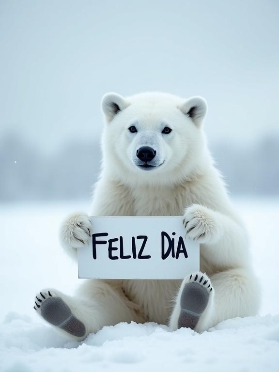 White polar bear sitting on ice holding a sign saying "Feliz Día". Highly realistic image as if taken by a top-tier photographer.