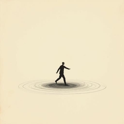 Minimalist tiny human walking in circles. Surreal conceptual illustration. Vintage style. Oversized objects. Vast negative space. Clean background. Elegant composition. Contemporary wall art. Subtle grain texture. Modern poetic tone.