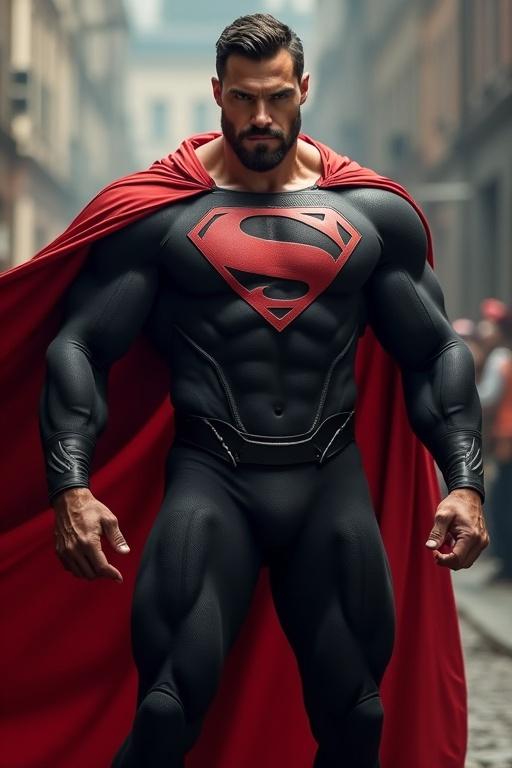 A powerful superhero named Super Militant characterized by enormous muscles and a sleek black suit with an M symbol. He wears a bright red cape flowing behind him. The scene showcases him in a heroic pose, emphasizing his strength and dominance.