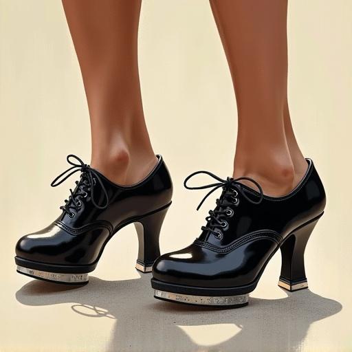 Image of polished black tap shoes with high heels. Focus on texture and structure. Showcase dynamism and rhythm of tap dancing. Highlight the visual appeal for dancers and audiences.