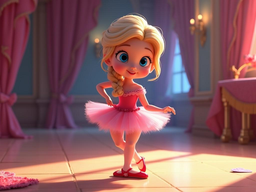 This image features a delightful animated character resembling a young ballerina. She has platinum blonde hair beautifully styled in a braid. Her bright blue eyes are full of expression, captivating the viewer. Dressed in a cute pink tutu and ballet slippers, she strikes a playful pose. The background is elegantly decorated, adding to the whimsical atmosphere, making it perfect for children's content. This character evokes joy and creativity, ideal for dance, play, and imagination themes.