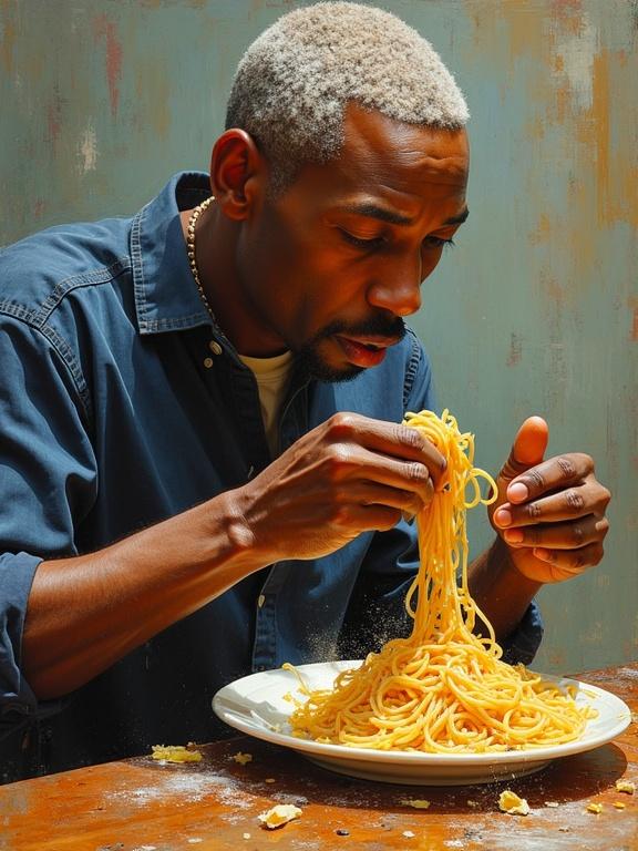 A man focuses on spaghetti. He pulls strands of pasta with his hands. An oil painting style with pronounced brushstrokes. The background is textured and muted.