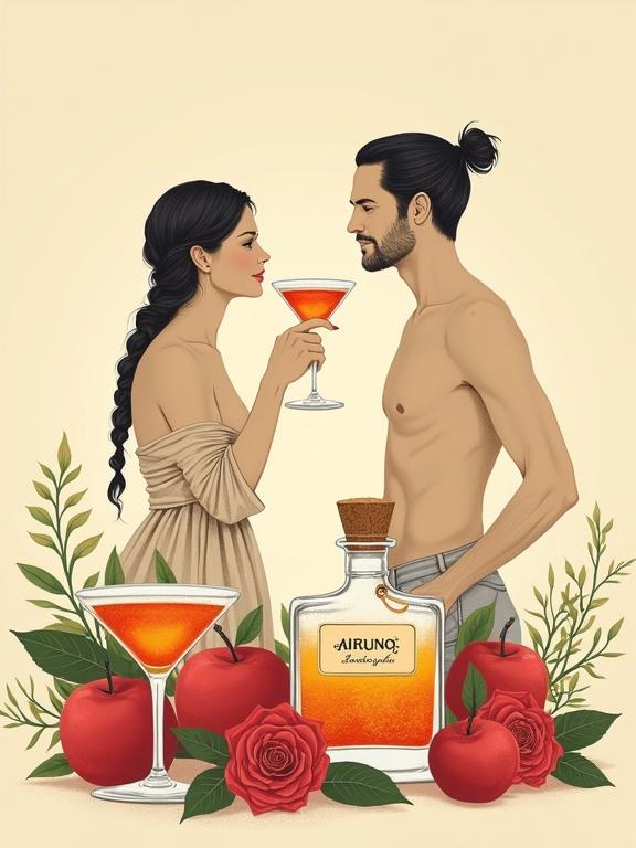 Minimalist screen printing artwork in an apple orchard. A man offers a toast with a cocktail glass to his female partner. She wears a translucent silk wrap. A glowing apothecary bottle nearby. Two cocktail glasses flank the bottle. Roses and green herbs surround it. Set against a beige background. Clean strokes and minimalist style following the golden ratio.
