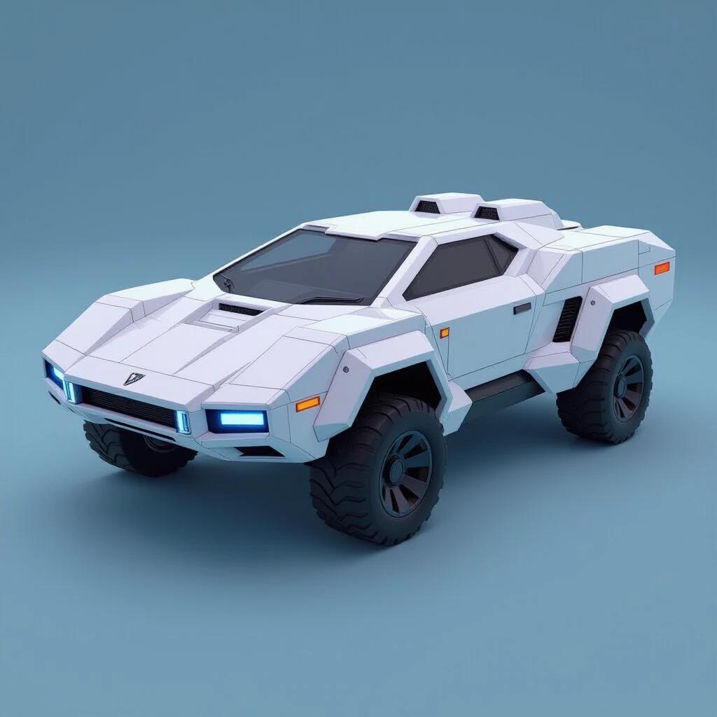 Futuristic tank-like vehicle design in white color. Blocky geometric shapes with flat rectangles and bevels. Huge tires and blue lights. Suitable for a sci-fi theme.
