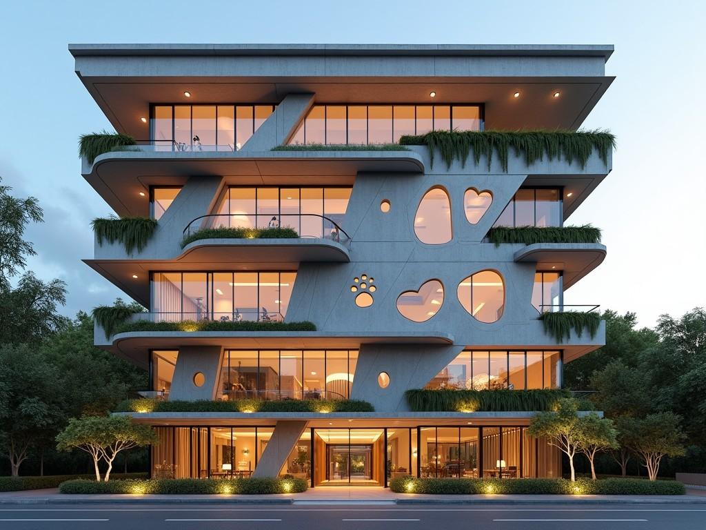 A modern multi-story building with unique architectural designs featuring heart and abstract shapes on the facade. The building is surrounded by greenery and has large glass windows, with warm lighting emanating from the interior. It has multiple floors and balconies with plants.