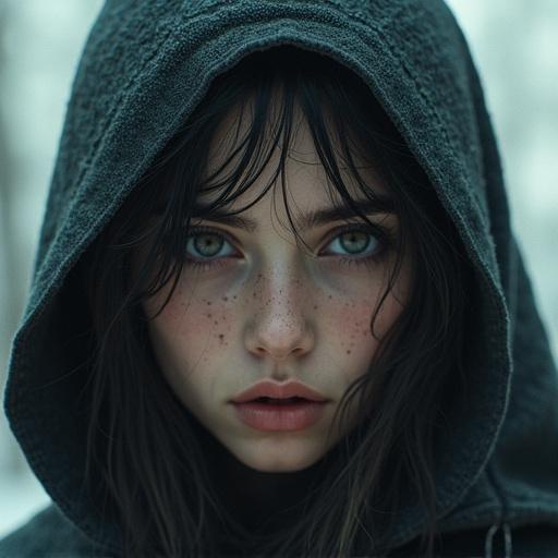 A digital portrait of a girl with an Iranian heritage. The girl has long hair and freckles. She wears a dark hooded garment. The background is blurred, creating a mystical atmosphere with digital art influences.
