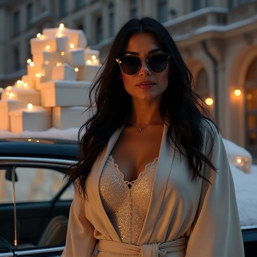 Stylish woman stands confidently next to classic car adorned with stack of white gift boxes on roof. She wears glamorous sparkling sweater with chic coat and dark sunglasses. Background features elegant building with intricate architecture. Snow gently piled on roof creating serene winter atmosphere. Scene captured in soft warm light enhancing luxurious feel.
