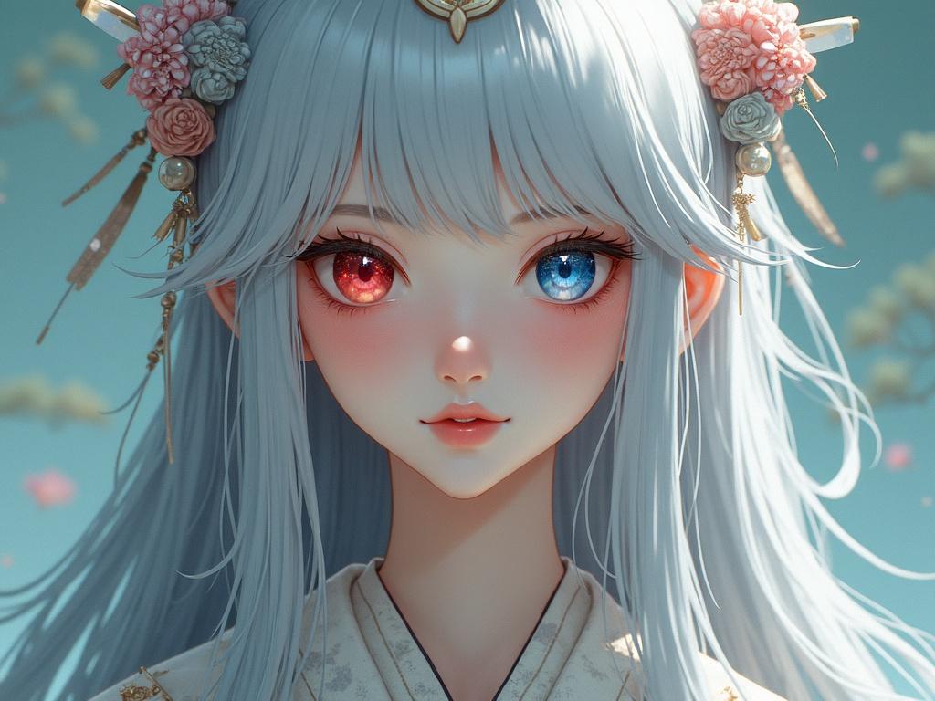 Bright surrealism art depicting a female with vivid red and blue eyes featuring long flowing silver hair wearing a kimono made of marble stone.