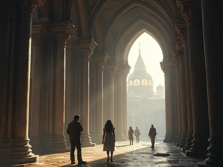 Photorealistic depiction of an architectural scene featuring a cathedral. People walking through an archway. Dramatic light streaming through the arches creates a mystical atmosphere. Capture the grandeur of the structure and the serene ambiance.
