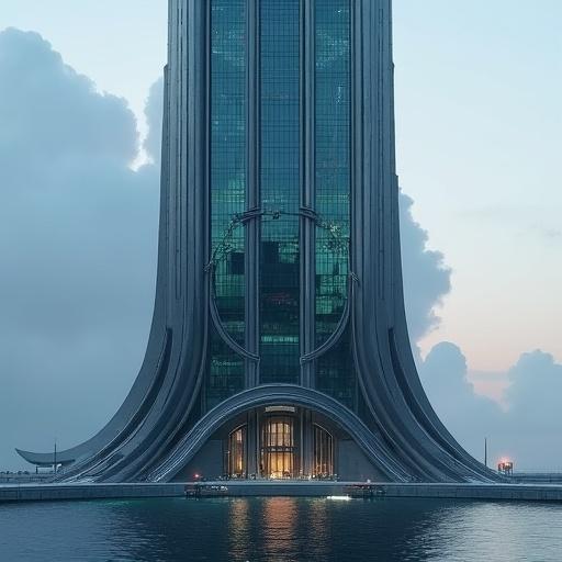 Architectural design of Veydani Marine Solutions headquarters. High-rise building with a façade resembling liquid metal. Asymmetrical shape with jagged edges and a sinking look. 'Pressure Window' features reinforced sapphire glass. Docking ramp for drones. Surrounded by a black mirrored pool suggesting ocean depths. Night lights create an eerie atmosphere.