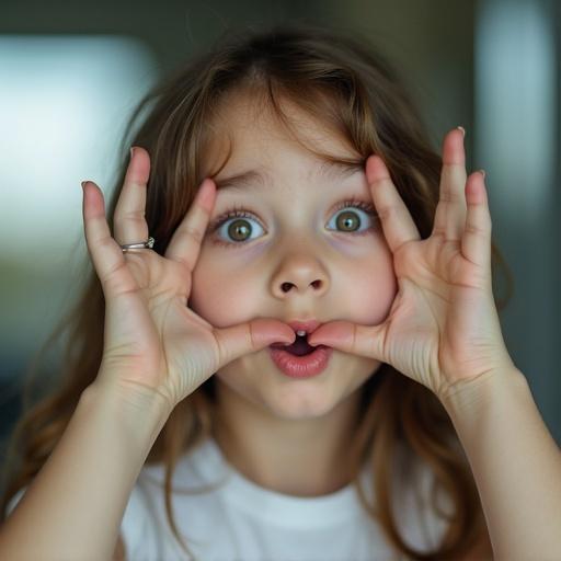A girl enacts a classic illusion with her face pressed against transparent glass. Cheeks squished and lips stretched sideways. Eyes pop in exaggerated resistance. The execution is strikingly precise.
