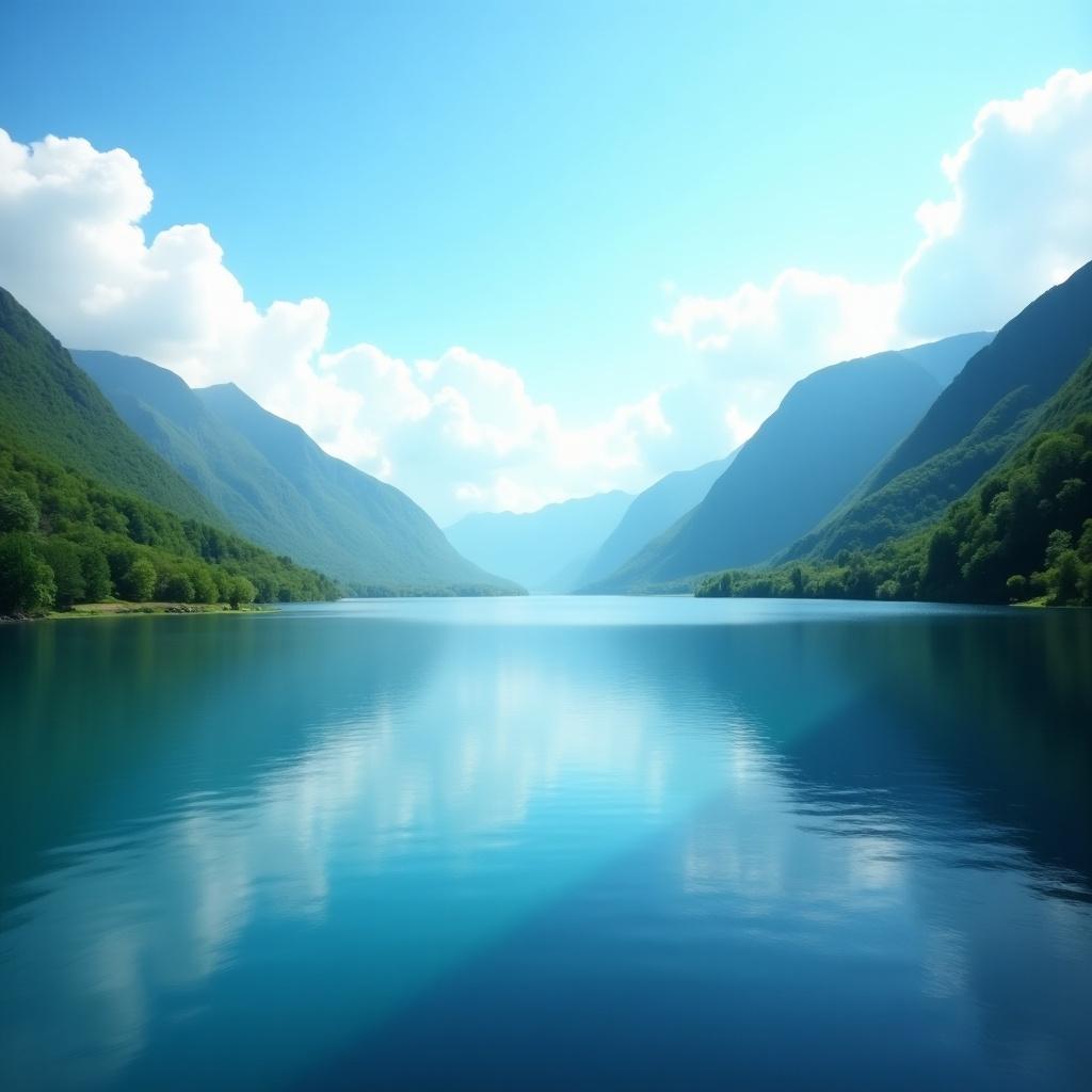 A serene lake reflecting surrounding mountains under a bright blue sky with clouds. Lush greenery borders the lake, creating a peaceful atmosphere.