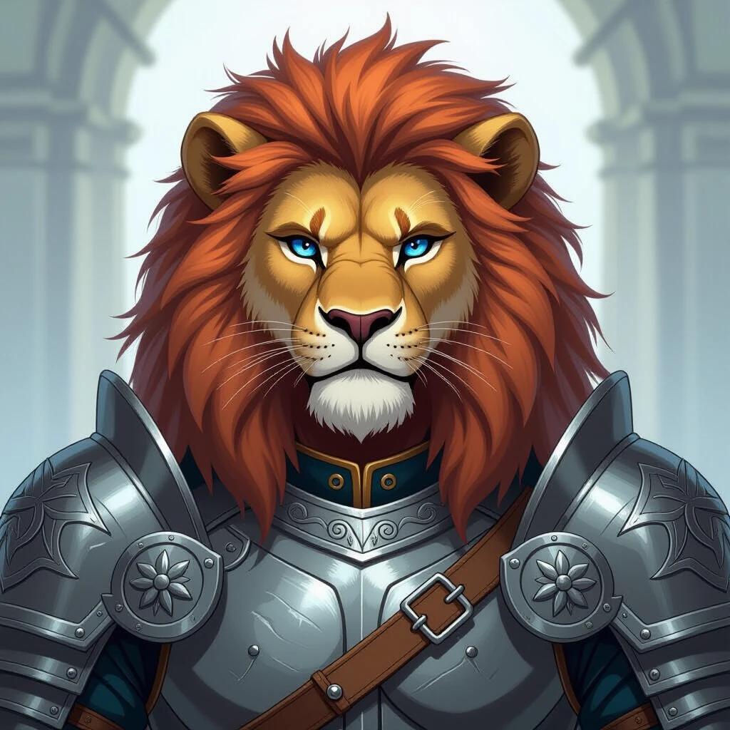 High-quality illustration of a lion-man in shining armor. Features blue narrow eyes and a strong mane. Styled in a comic book theme.
