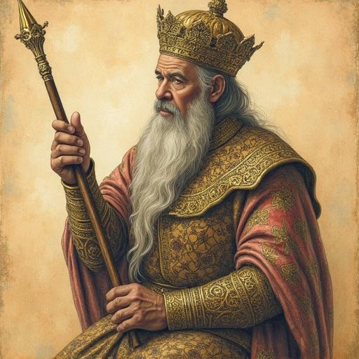 Leonardo da Vinci drawing style of a regal figure seated. The figure wears an ornate crown and attire and holds a scepter. Background is soft and subtle with warm colors. Attention to detail in fabric patterns and facial features. Evokes a sense of authority and history.