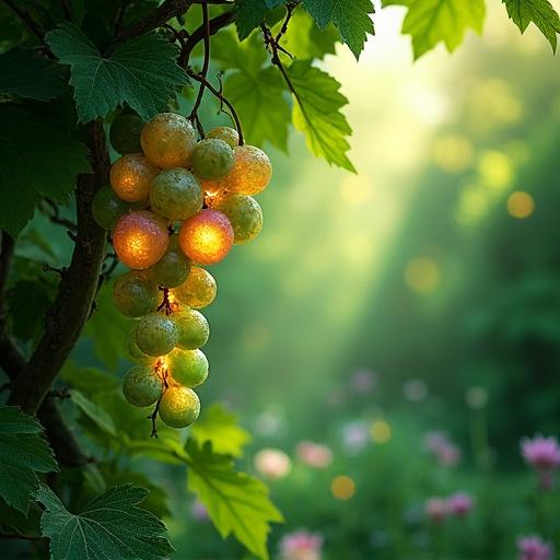 Lush green magical garden with soft green sunlight. Clusters of magical fruits resembling grapes hang from enchanted vines. Each fruit glows with mystical inner light. Surrounded by ethereal aura and shimmering colors. Alive with magical ambience: glowing pollen and softly lit leaves.