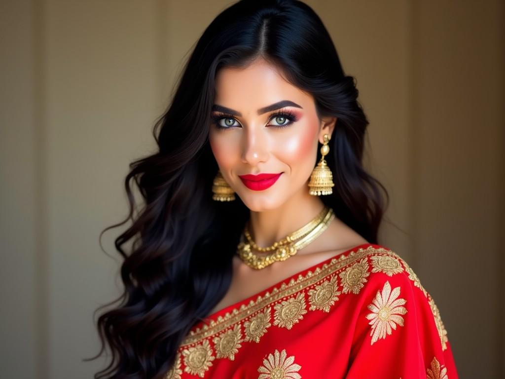 A woman with lush dark hair and striking green eyes is depicted wearing an ornate red garment with gold embroidery. She is adorned with golden jewelry, including large earrings and a necklace, which enhance her glamorous appearance. The photo highlights her confident and graceful expression.