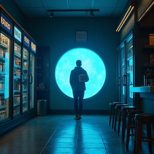 Interior Starbucks at night with a character. Scene shows a young male discovering a hidden circular door in the cooler emitting blue light. Character appears curious yet hesitant.