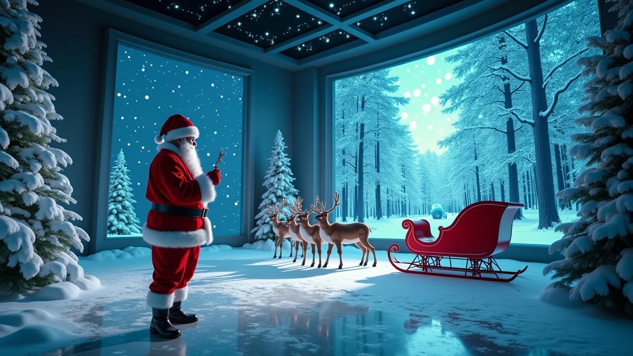 Cinematic image showcases Santa Claus in a high-tech room. Holographic designs add a modern touch. Openings reveal snowy woods and sky. Sleigh with reindeer parked. Wide shot with Santa surrounded by glowing models and festive messages.