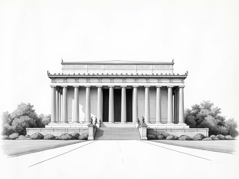 Architectural drawing of the Lincoln Memorial with elevation and section view. The drawing features a detailed representation of the memorial's façade and structural elements.
