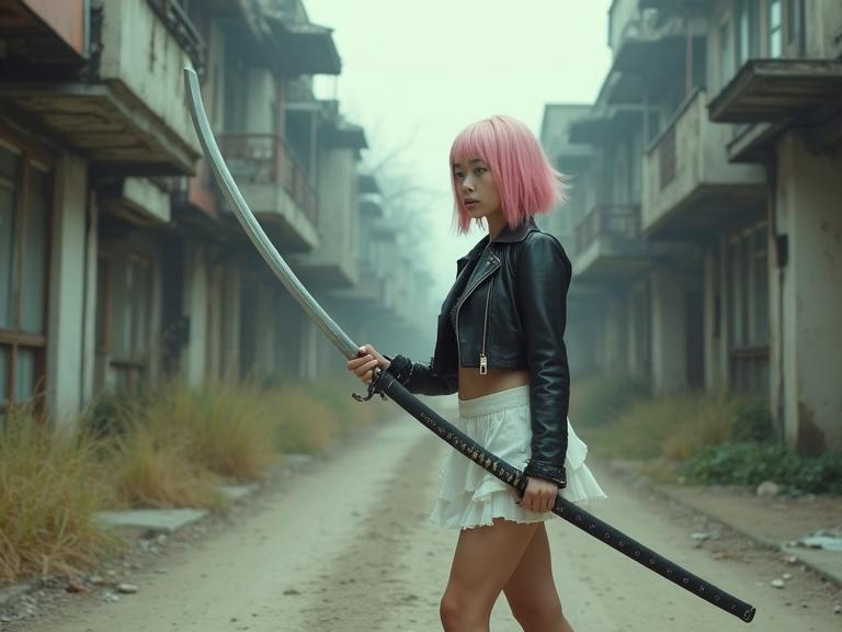 A full body shot shows a small woman in a desolated urban area. She stands sideways off center holding a large katana sword. She has pink hair and wears a white skirt with a black leather jacket exposing her navel. The atmosphere is apocalyptic and cinematic.