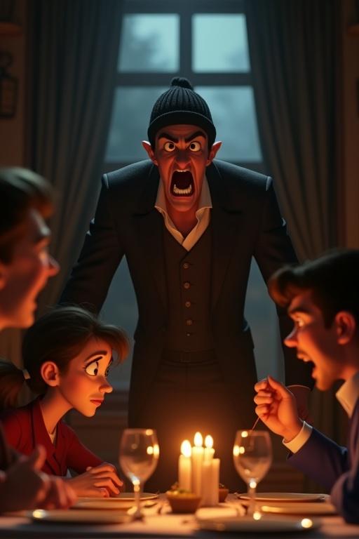 A cartoon scene showing a tall man in a beanie dramatically shouting. The scene captures a moment of panic in a dimly lit dining room. The couple below looks shocked, one in terror and the other in confusion. Emotion is heightened with the shaking candle flames. The background is shadowy but lit dramatically, emphasizing the man's urgency.