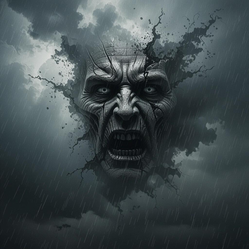 Rock album cover featuring a scary face figure. Epic dark scene set against storm clouds. Raw photo quality with ominous mood. Face appears to be breaking through clouds.