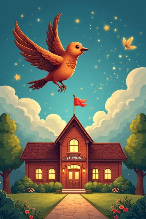 A magical bird flies over a school. The scene transforms the school into chocolate. Colors are vibrant. The style is whimsical and cartoon-like. Sparkling effects fill the air.