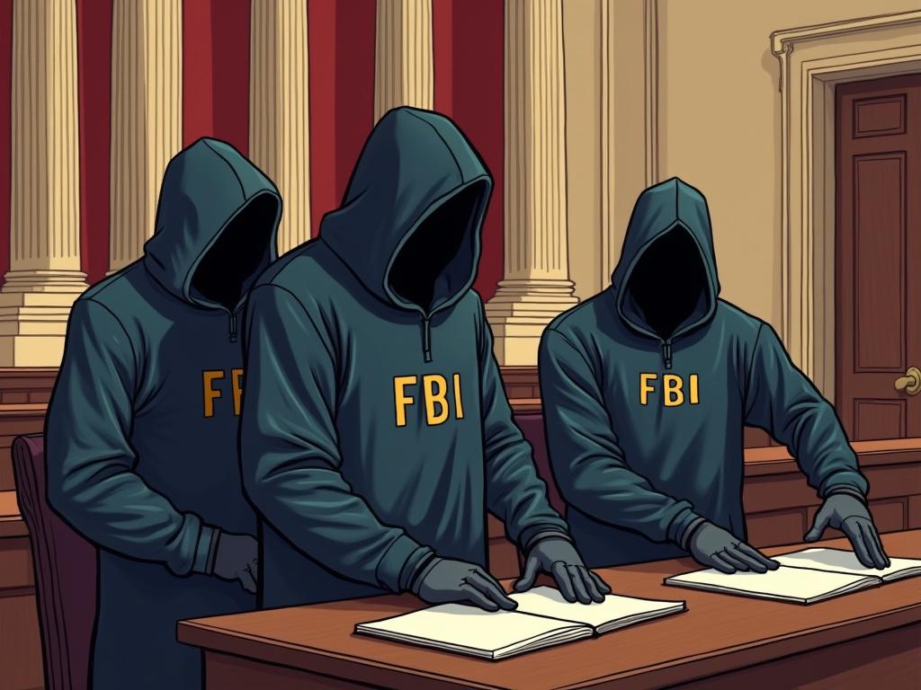 Cartoon representation features hooded figures dressed in FBI attire. Agents are engaged in an action in a courtroom setting. They appear to be taking notes at a table inside the Supreme Court. The background shows architectural elements typical of a court. Figures lack facial features to emphasize anonymity and intention.