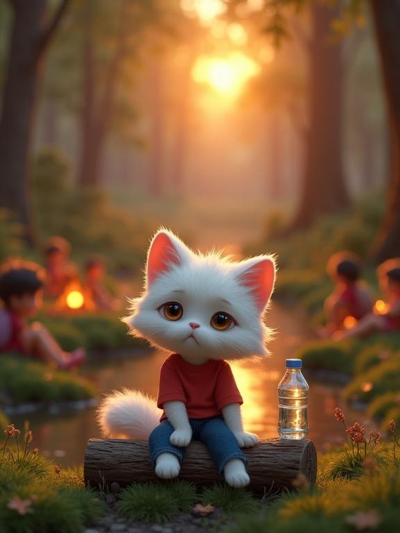 A cute fluffy white anthropomorphic cat with a melancholic expression sitting on a log. It wears a red t-shirt and blue jeans. A plastic water bottle is beside it. In the background is a tranquil forest with a winding stream. Diverse children sit around glowing campfires enjoying the evening. The scene is bathed in warm golden sunset light creating a magical atmosphere. High-quality 3D illustration styled like Pixar with emotional depth and vibrant colors.
