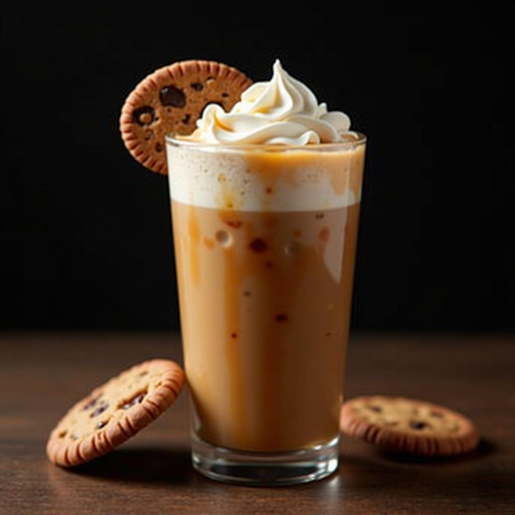 This image showcases a delicious iced coffee topped with fresh cream and caramel syrup, making it visually appealing. The glass is placed on a wooden table, with a rich dark background enhancing the drink's colors. To add to the aesthetic, two chocolate chip cookies are placed artfully around the glass. The whipped cream sits perfectly on top, inviting viewers to indulge. This setup is perfect for food enthusiasts and coffee lovers alike.