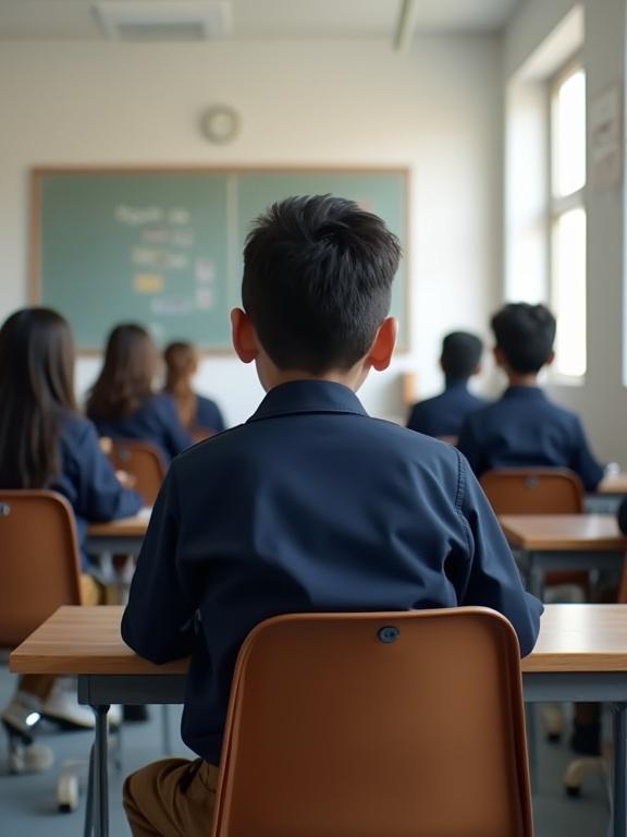 Design a professional image to celebrate the end of the academic year for a private school in Saudi Arabia. Depict a student sitting behind in a modern classroom, wearing brown pants and a dark blue shirt, with other students visible in the background.