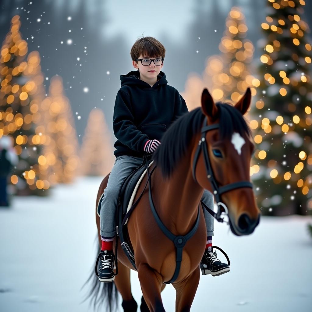 14 year old boy riding a horse in snow. Brown hair. Rectangular glasses. Black sweatshirt and grey sweatpants. Black and white sneakers. Christmas socks. Surrounded by Christmas trees with lights. Snow falling. Festive winter atmosphere.