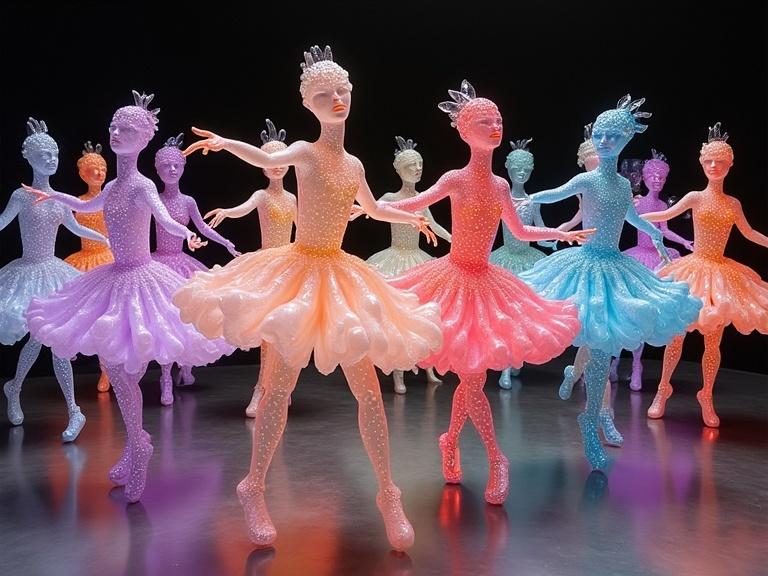 Many anthropomorphic glass and crystal musical notes perform a ballet. They glow with luminescent colors. Each note has a unique inner glow. The colors are soft and vibrant.