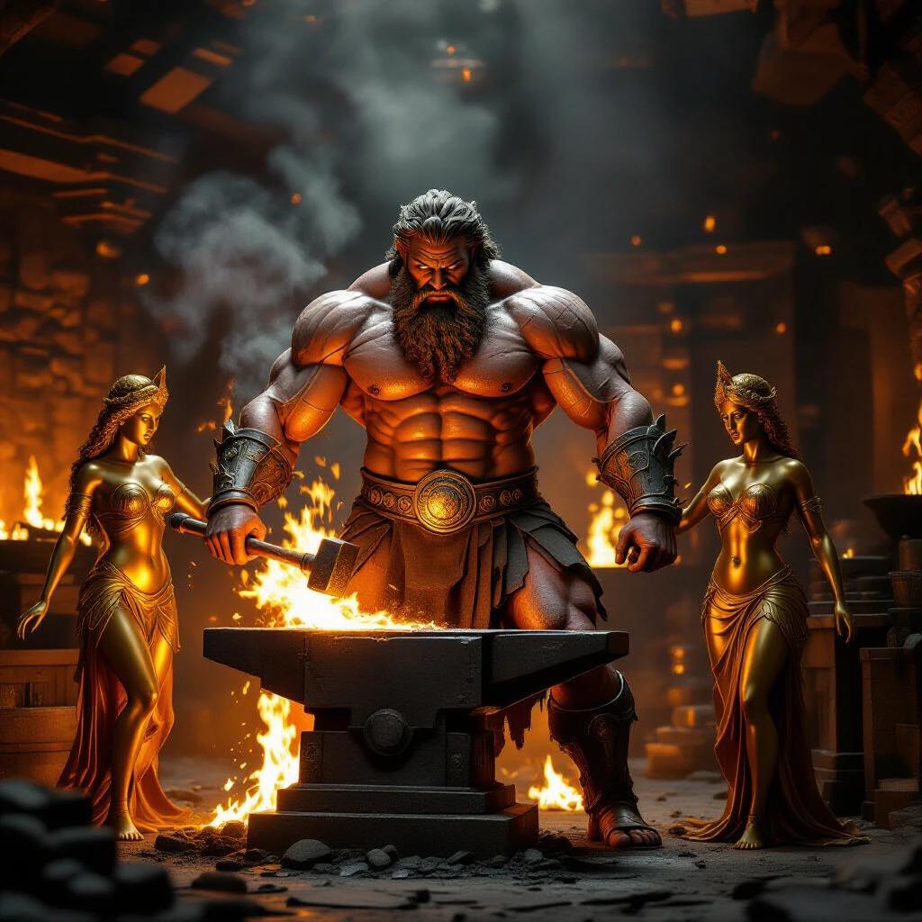 A muscular Hephaestus in a dark fiery workshop. Deformed body with asymmetrical features. He stands at an anvil with a raised hammer. Surrounded by golden flames and bizarre inventions. Flanked by two beautiful female automaton figures made of gold, supporting him. The scene captures divine power and physical deformity.