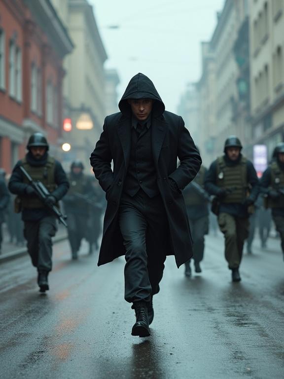 Photorealistic cinematic image depicts an unarmed assassin running away from soldiers through the streets of modern-day Moscow. A sense of tension and urgency fills the scene.