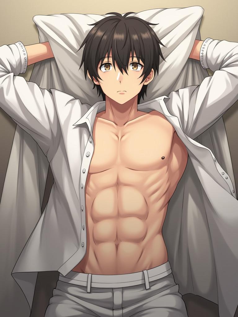 Shirtless anime character lying on a bed. Character has defined abs and a muscular torso. Clothing partially draped over body. Character is male with black hair. Soft lighting and neutral background color.