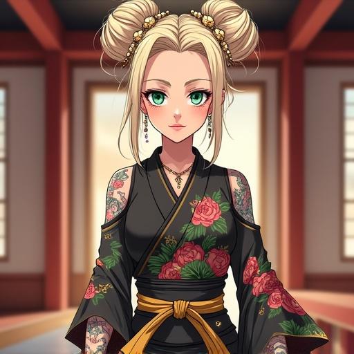Anime style character is 59 years old. Woman has emerald green eyes and a beautiful face. She has an elegant light blonde French bun with light pink diamond jewelry. The setting is high-tech and futuristic. Woman has Japanese and Saiyan heritage. She is tall and muscular with big breasts and 6 pack abs. Makeup includes light pink lipstick and white eyeshadow. Her body features piercings and a double belly button ring. The dojo background is oversized and luxurious, showcasing traditional tattoos. Character has a powerful look and is a co-leader of the Kamakiri Ryu Ninja Clan. The attire is a modern capoeira gi. The scene occurs in vibrant New Red Cherry Blossom City at noon.