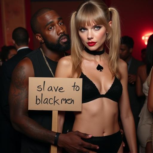 Celebrity couple in nightclub setting. Woman has blonde long hair, wearing small bikini top and mini skirt. Man is older black rapper holding her close. Woman holds provocative sign. Nightlife atmosphere with dim lights and vibrant background.