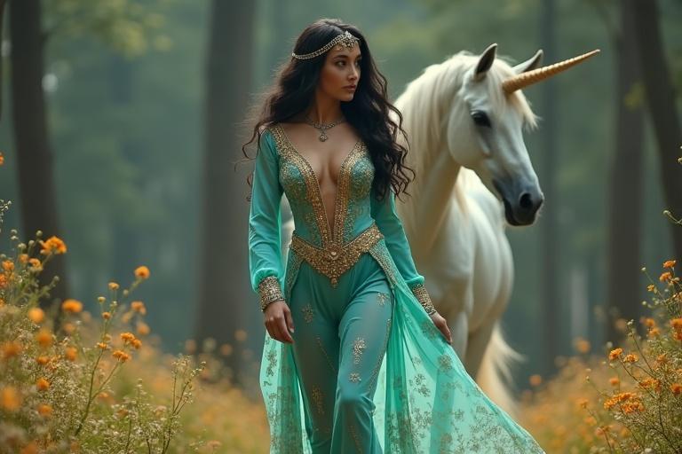 A tall Arabian princess in turquoise outfit. Ornate gold embroidery and sheer overlay pants. Shiny black hair. Deep V-neckline bordered with gold. Bold jeweled headpiece. Walking toward unicorn in glowing forest. Dress brushing flowers. Emotional anticipation expression.
