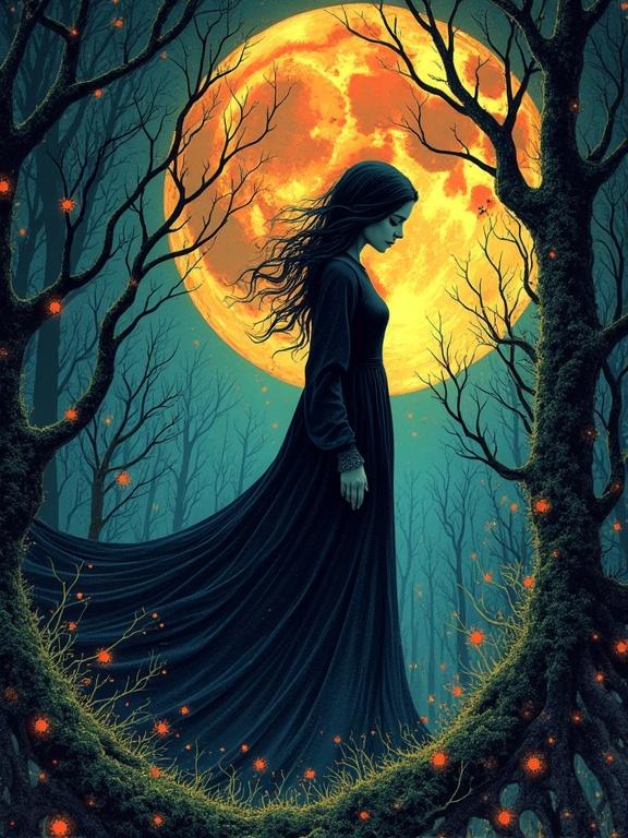 A woman in a flowing dark dress stands in an eldritch forest illuminated by a large glowing moon. The scene features intricate details, deep colors, and complex compositions, creating a dramatic atmosphere.