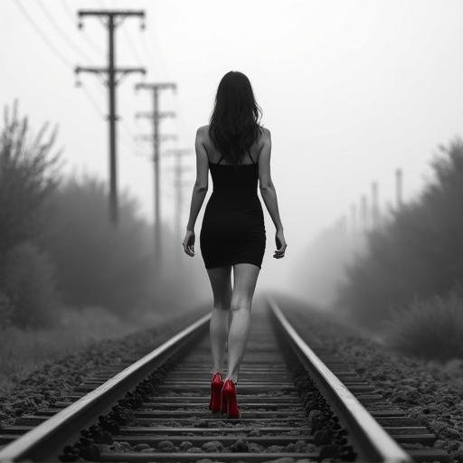 Hyper-realistic black and white photograph of a woman walking on empty railroad tracks. Minimalist and moody setting with soft atmosphere fading into the distance. Focus on her lower body in a tight black dress highlighting toned legs. Confident posture on wooden ties wearing glossy red stiletto heels. Only color in the image is her heels, contrasting the monochrome surroundings. Smooth skin and dress with muscle detail and shadows. Railway leads to infinity framed by bushes and poles in fog. Cinematic and sensual mood with juxtaposition of elegance and solitude.