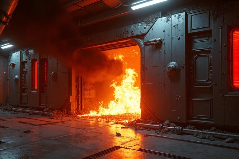Inside the metallic battle-damaged spacecraft a large airlock door is slowly closing. Flames rage nearby burning through a torn panel. Thick black smoke fills the air. Loose cables spark from the ceiling. Red emergency lighting illuminates the scene. Chaos surrounds the area with smoke and glowing embers. Camera angle is low, facing the door. Cinematic ultra-realistic sci-fi style.