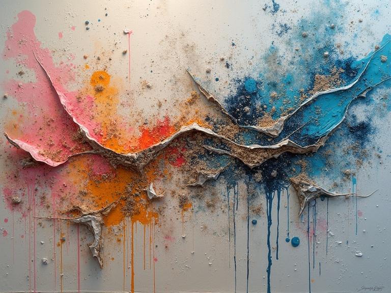 Abstract artwork with vibrant colors and intricate textures. Features a mix of materials including thick impasto paint, sand, and jute fibers. Includes splashes of color and collage elements for a dynamic visual. Close-up view showcasing detailed textures and bioluminescent effects.