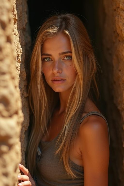 A woman in a close-up shot stands in a narrow opening of a tomb. She has long dark blonde hair and blue eyes. Her expression is thoughtful. The setting is ancient and earthy.