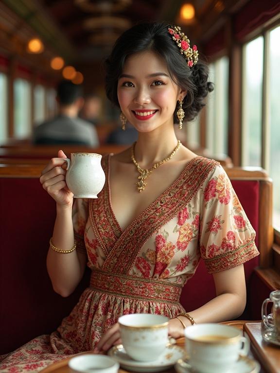 Happy woman in Indo-Dutch Kebaya and batik skirt enjoys cream tea and scone on a luxury train. Cinematic view with intricate details and vibrant colors.