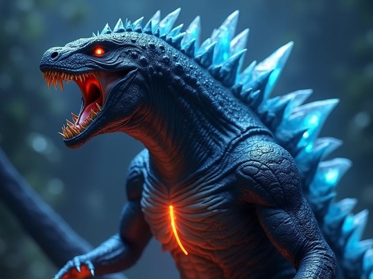 Live action image of dark blue sleek alien space Godzilla with glowing crystal dorsal spines. Body features small crystals and a predator alien mouth. Belly has glowing red-orange subsurface scattering. Image includes details, textures, realism, and shadows.