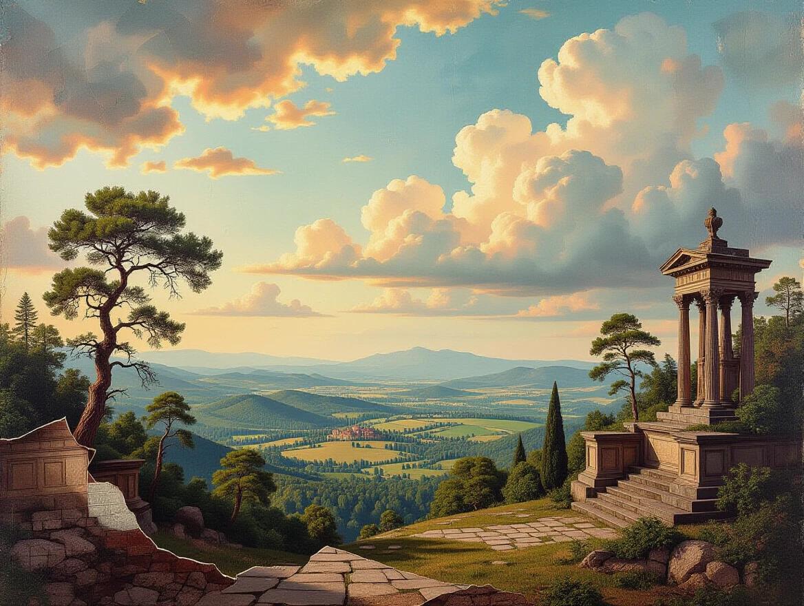 Surreal landscape with mixed-media textures. Torn paper collage forms jagged terrain and layered skies. Richly textured oil painting depicts trees, clouds, and architecture. Fragments of ASCII art characters and typographic textures included. Scattered symbols and glitchy grids embedded.