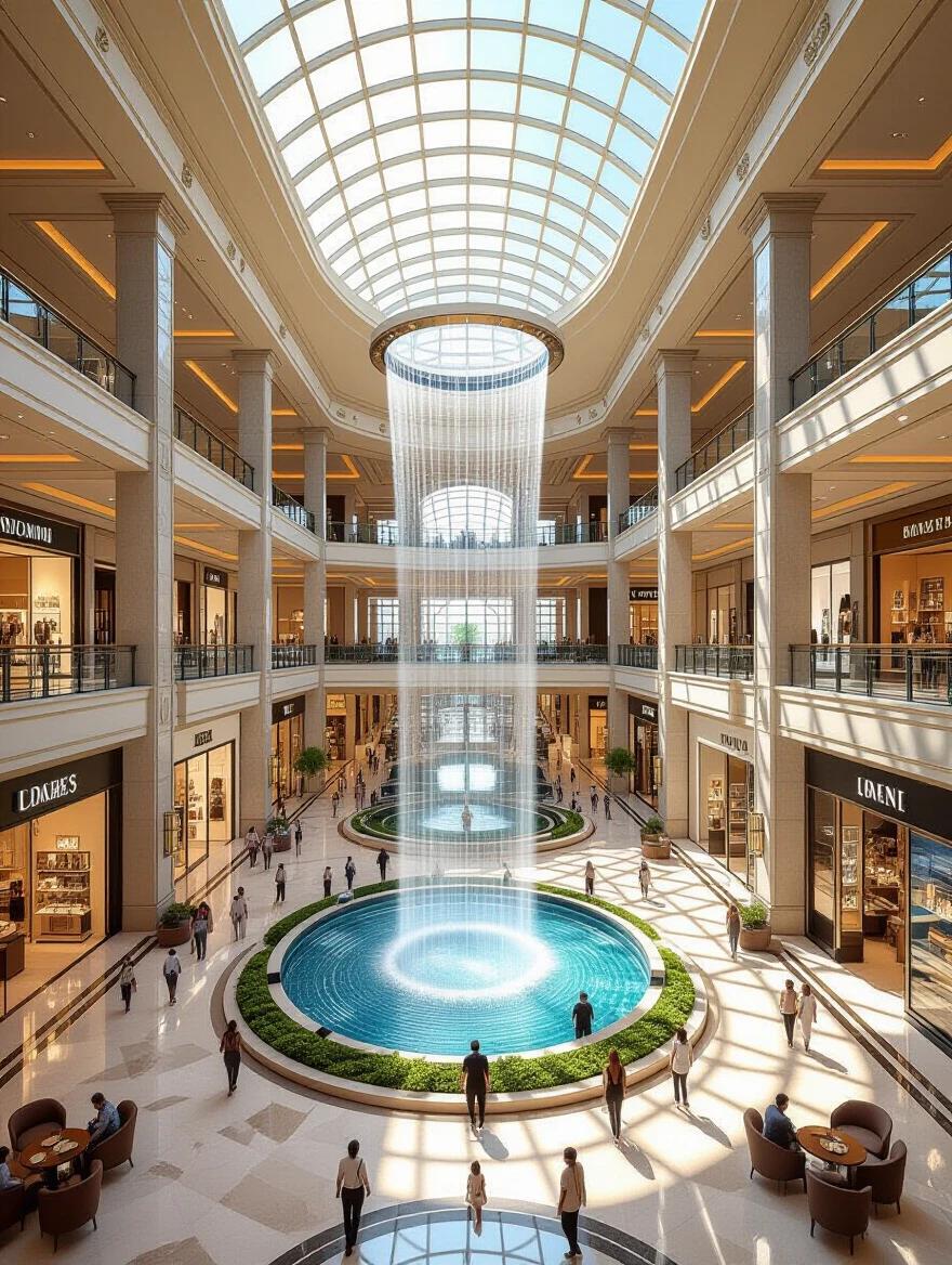 Capture the Dubai Mall's interior with marble floors and glass ceilings. Highlight the indoor waterfall surrounded by lush greenery. Showcase shoppers browsing high-end stores and dining at cafes. Reflect modern luxury and vibrant atmosphere.